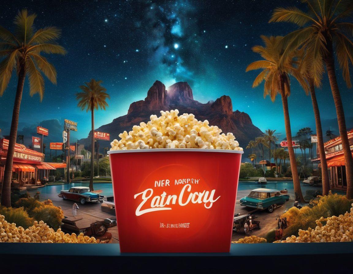 A vibrant collage of iconic movie scenes and thrilling show moments merging together, set against an ethereal backdrop of a starry night sky. Include elements like film reels, popcorn, and a cinema marquee glowing with the words 'Maru Entertainment'. Capture the excitement of storytelling and visual wonder through dynamic lighting and engaging characters. super-realistic. vibrant colors. cinematic.