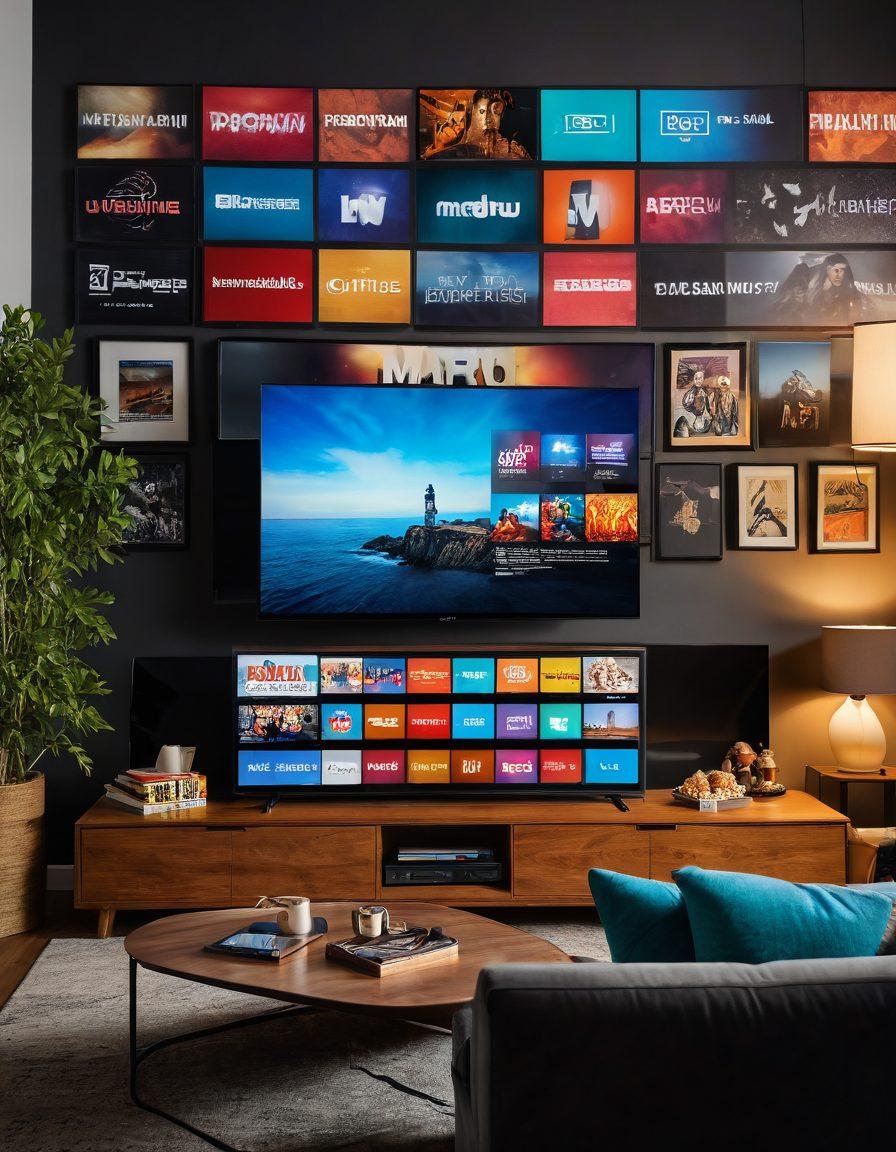 A cozy living room setting featuring a modern TV with Maru TV's logo prominently displayed on the screen. Surrounding the TV are various streaming devices, popcorn, and a comfy couch with colorful throw pillows. Soft ambient lighting creates a welcoming atmosphere, hinting at the thrill of movie night. The scene showcases diverse genres through vibrant movie posters on the walls. super-realistic. vibrant colors. cozy atmosphere.