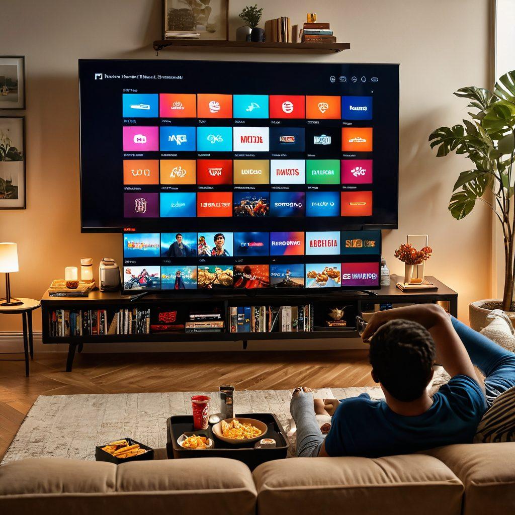 A cozy living room scene with a person using a large TV displaying Maru TV's interface, surrounded by snacks and drinks. Soft lighting creates a warm atmosphere, while tech gadgets are scattered around. Include a bookshelf filled with movies and games, reflecting a passionate viewer. The TV screen shows vibrant content with engaging visuals to highlight the viewing experience. super-realistic. warm tones. cozy atmosphere.